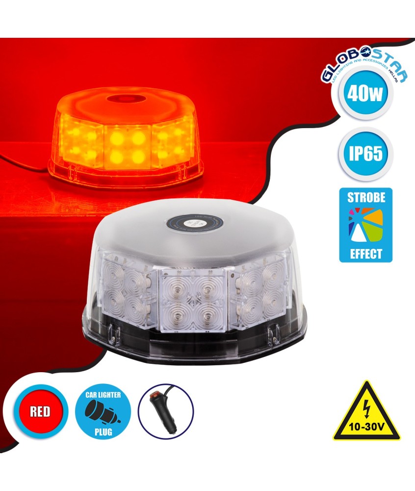 GloboStar® 85162 PRO Series Φάρος Σήμανσης Οχήματος Πυροσβεστικής για Αυτοκίνητα & Φορτηγά 6 Προγραμμάτων Φωτισμού STROBE LED 40W DC 10-30V Αδιάβροχος IP65 Κόκκινο